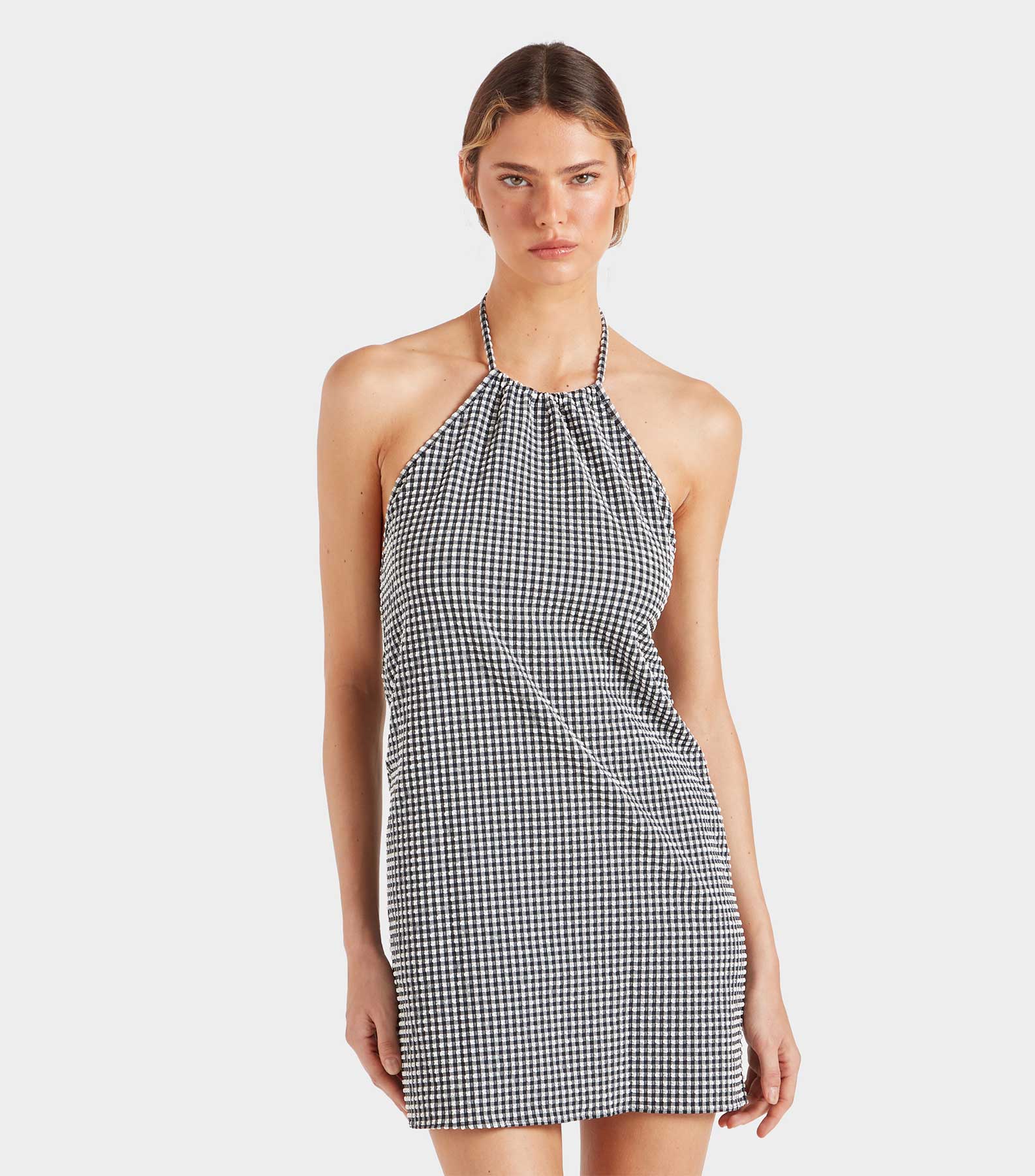 Gingham Seersucker Mini Dress - Black Gingham