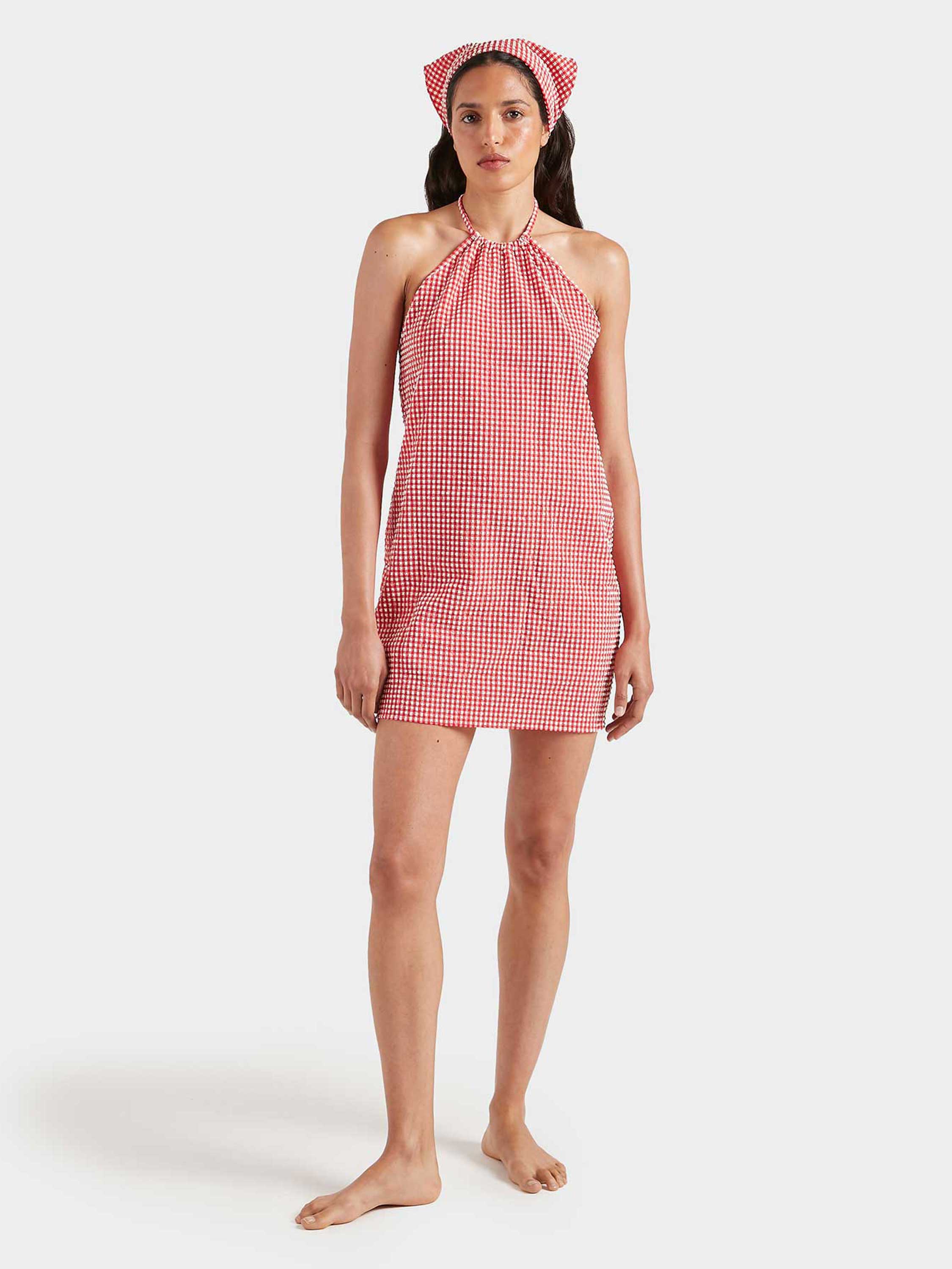 Gingham Seersucker Mini Dress - Red Gingham