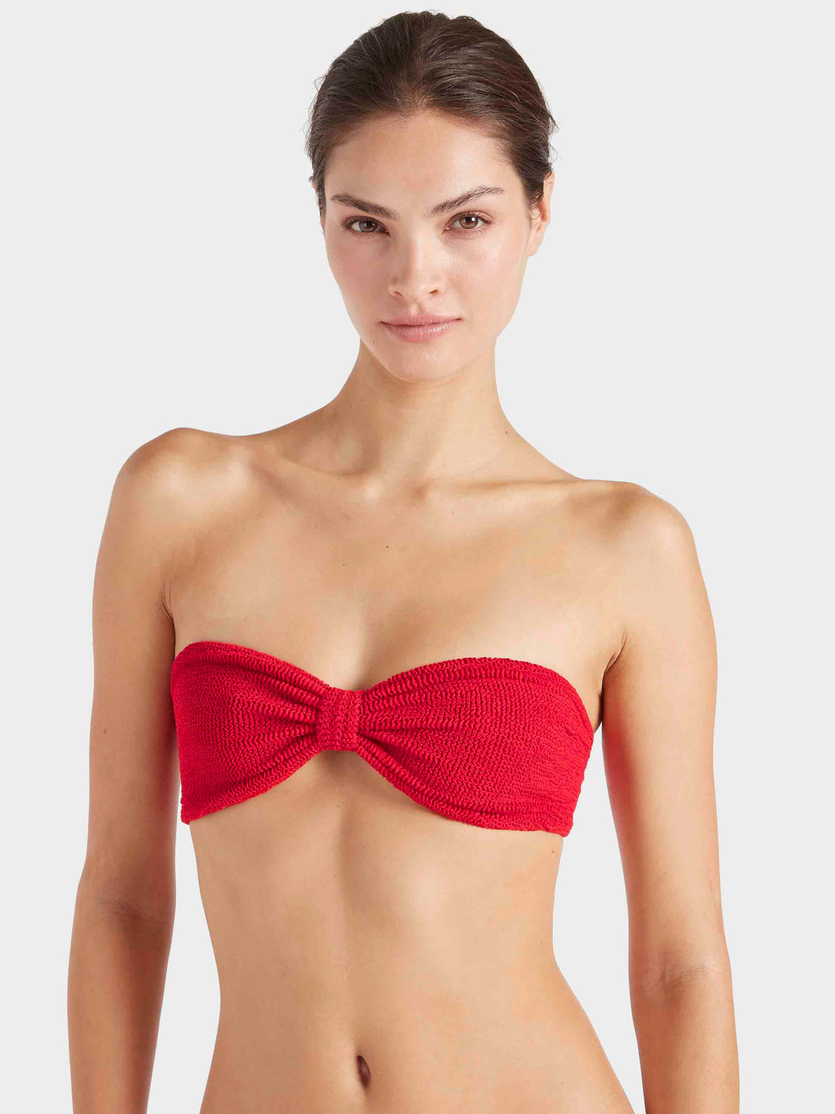 Model wearing Red Jean Bikini - close up bikini top