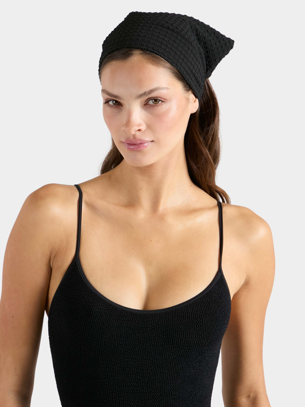 Front of model wearing Black Seersucker Sofia headscarf
