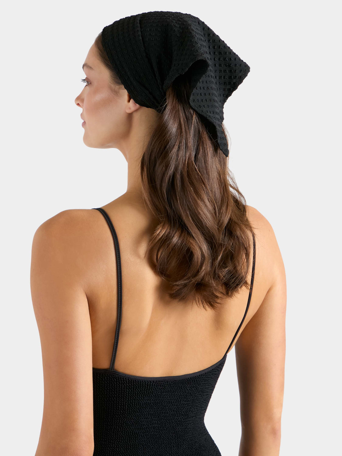 Model wearing the Black Seersucker Sofia Headscarf