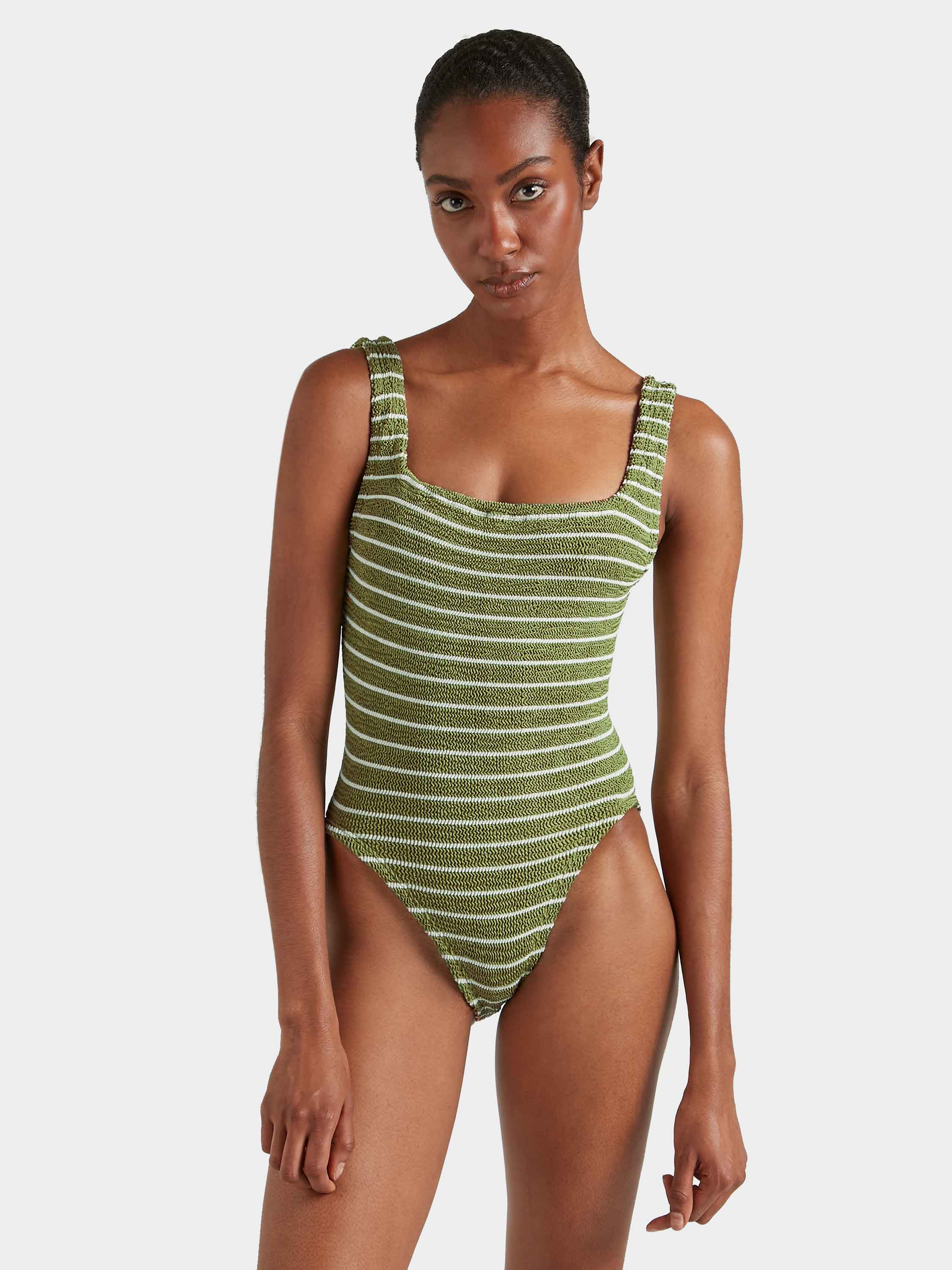 Square Neck Swim - Metallic Moss/White Stripe