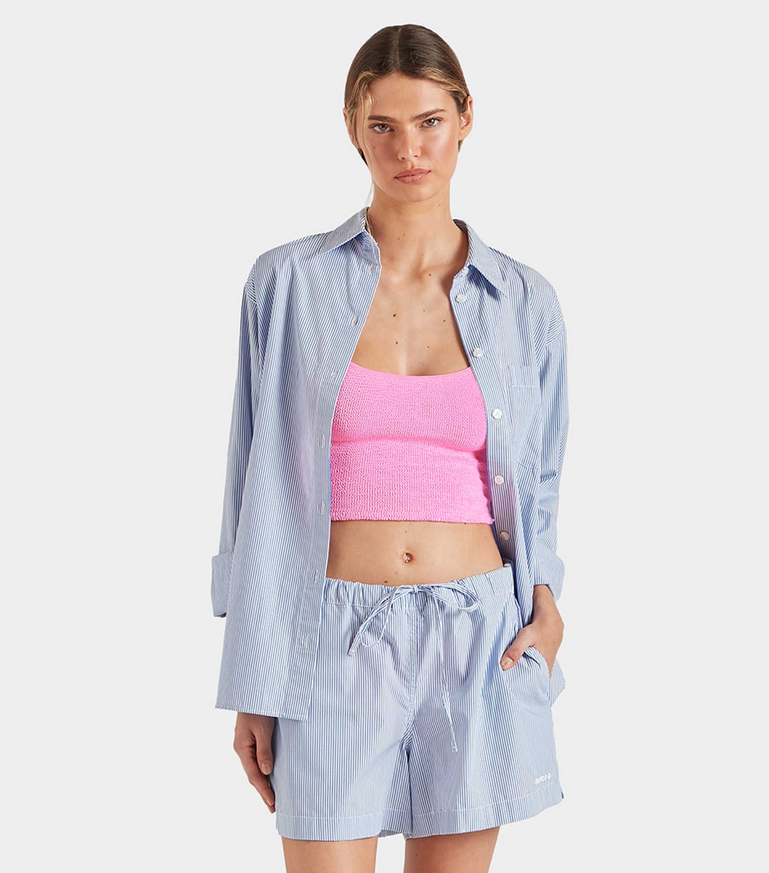 Embroidered Oversized Shirt - Blue Stripe