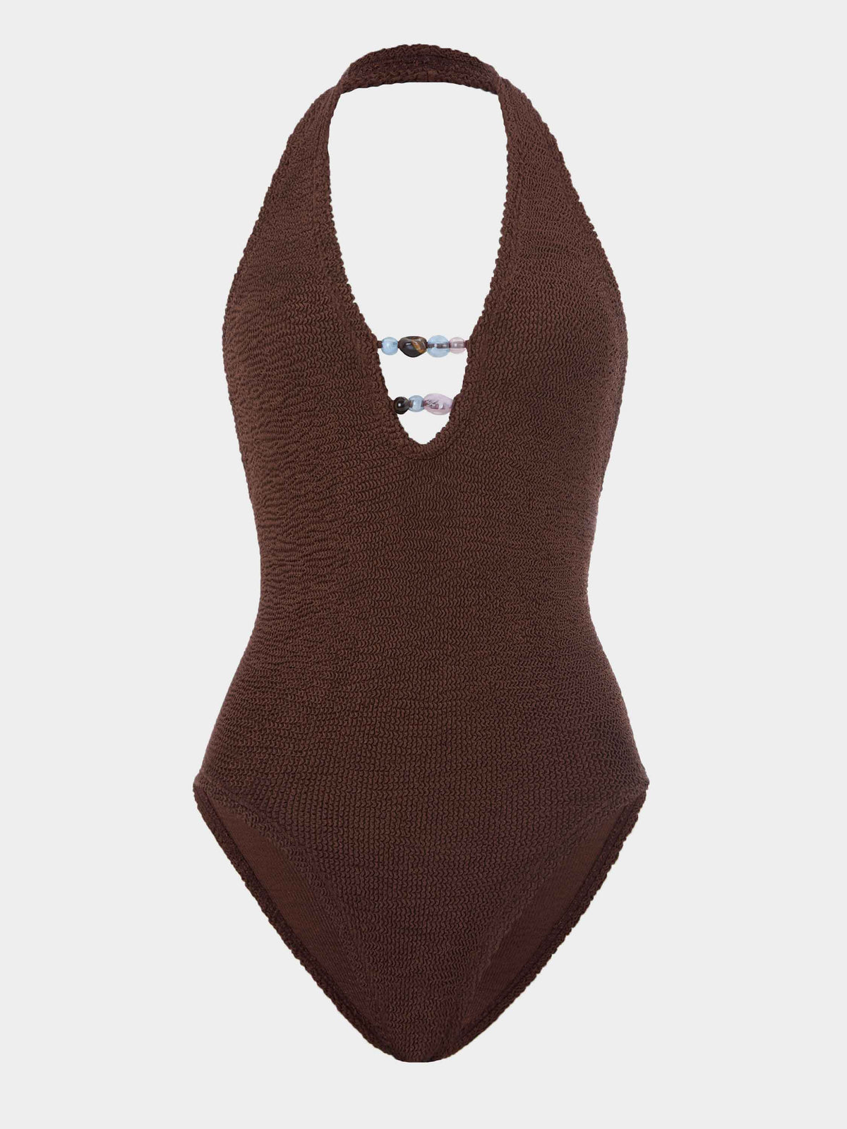 Image of metallic chocolate Adriana beaded swimsuit