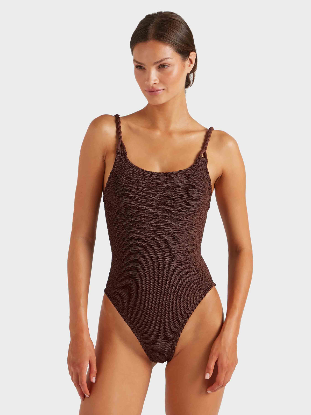 Model wearing metallic chocolate Camille swimsuit