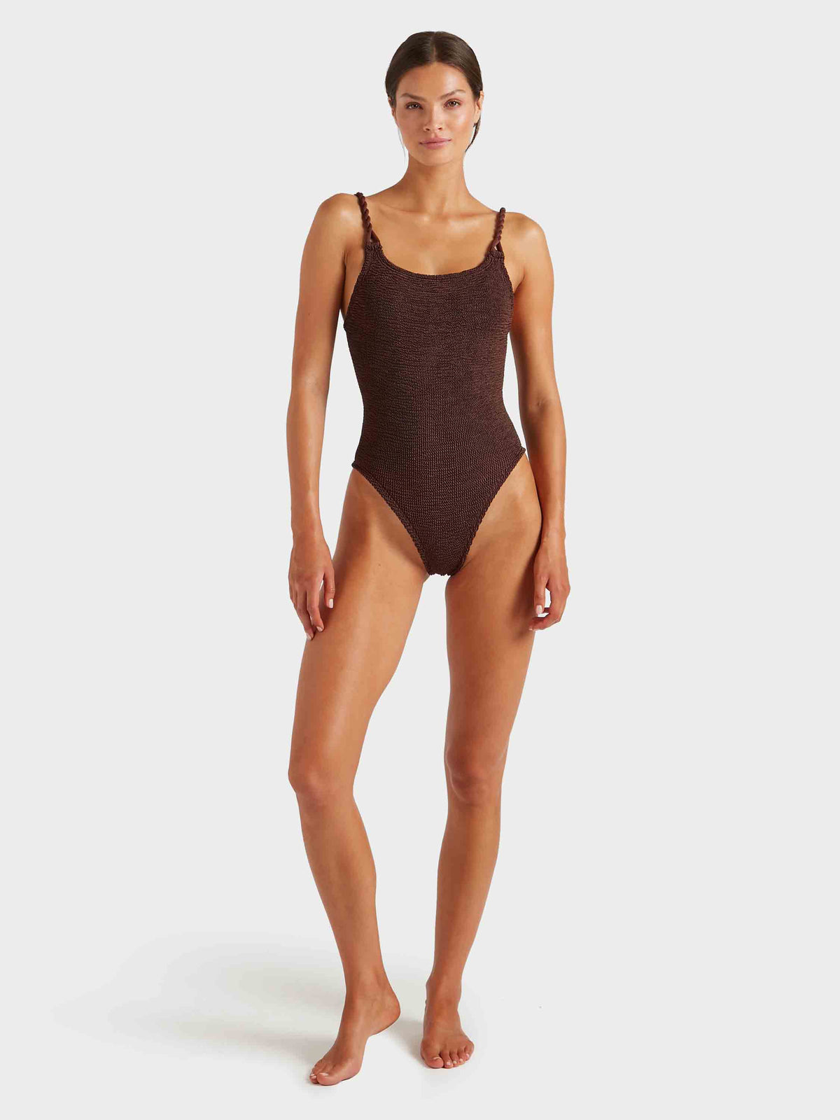 Full image of model wearing metallic chocolate Camille swimsuit