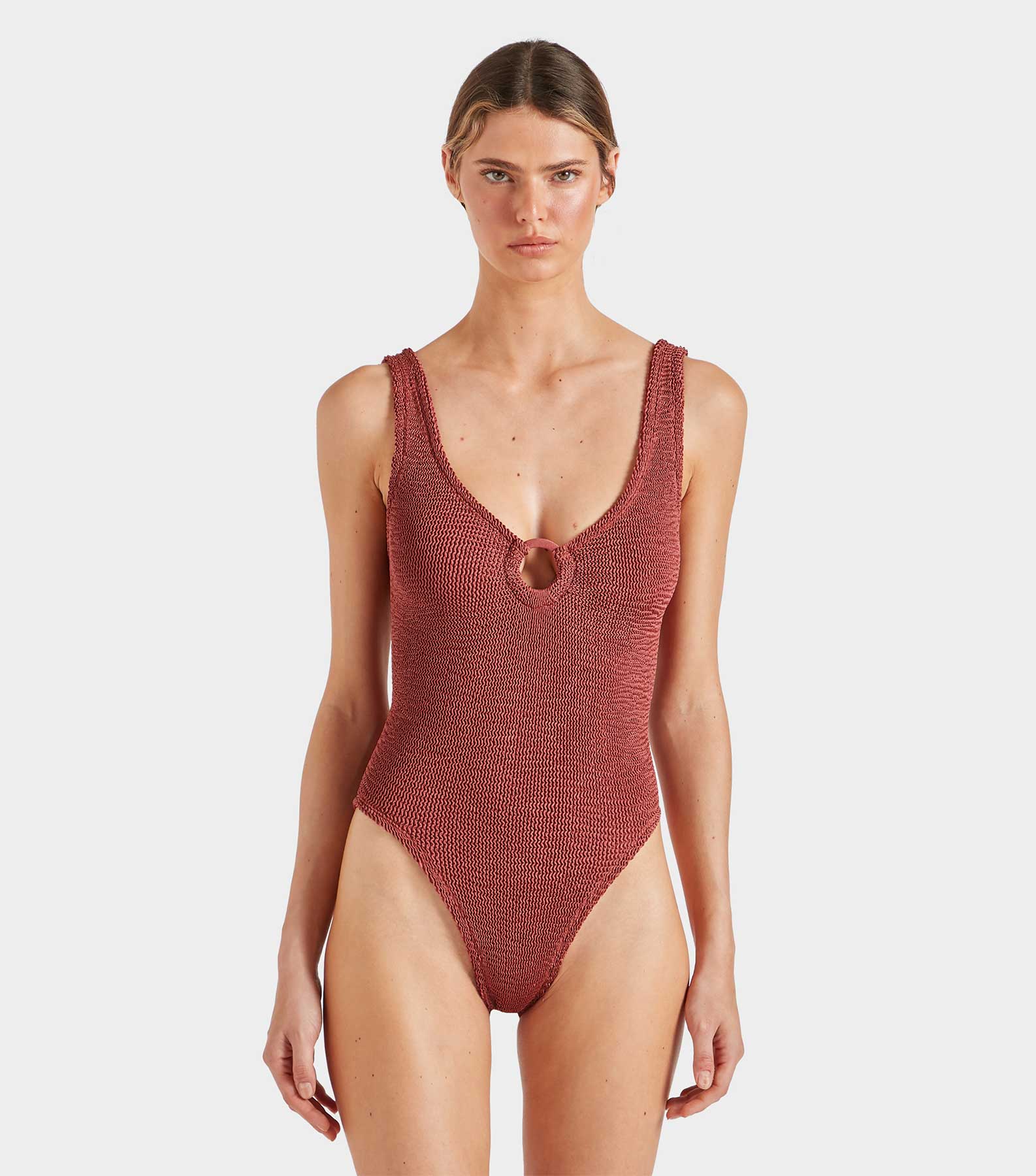 Celine Swim With Tonal Hoops - Metallic Rosewood