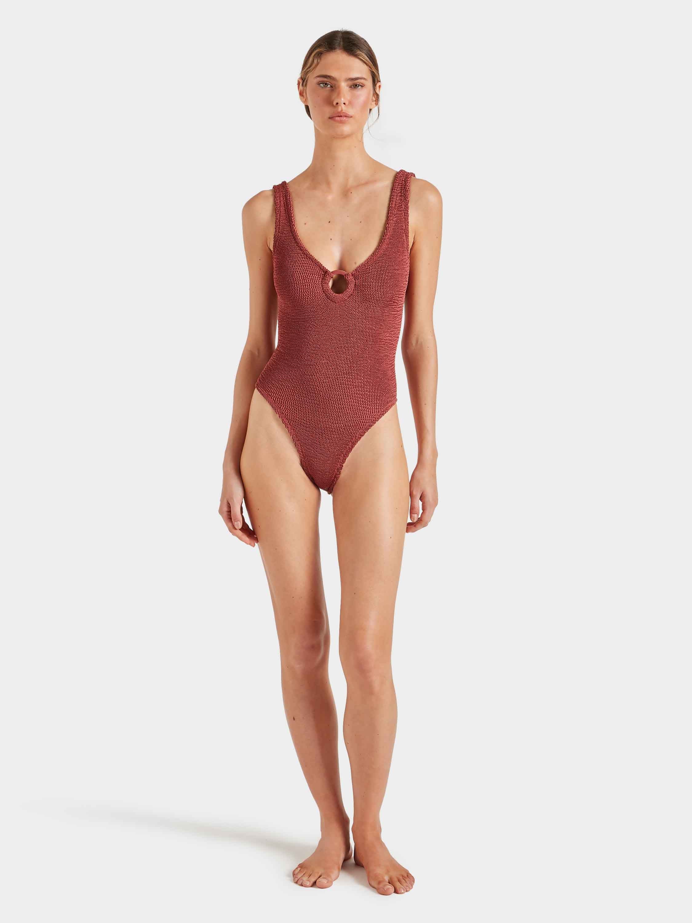 Celine Swim With Tonal Hoops - Metallic Rosewood
