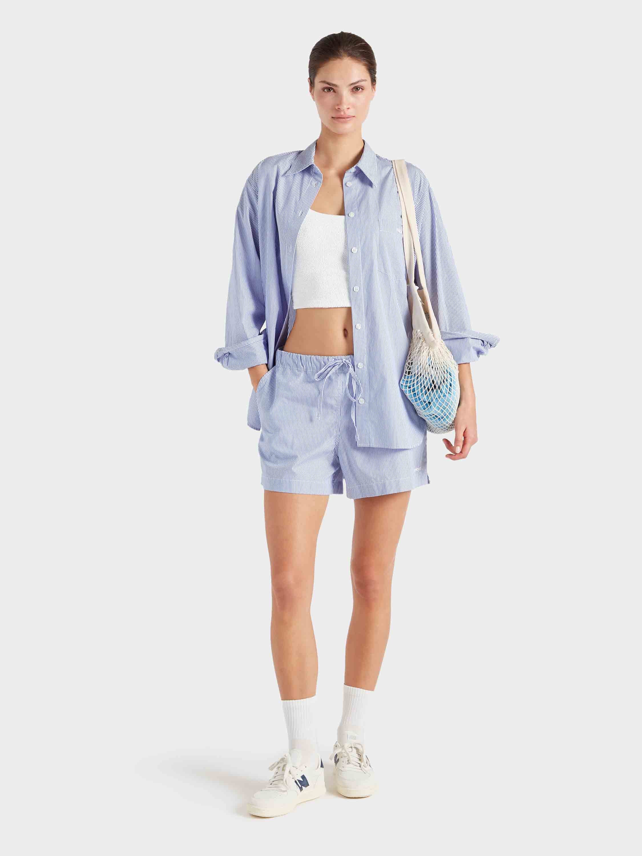 Embroidered Oversized Shirt - Blue Stripe