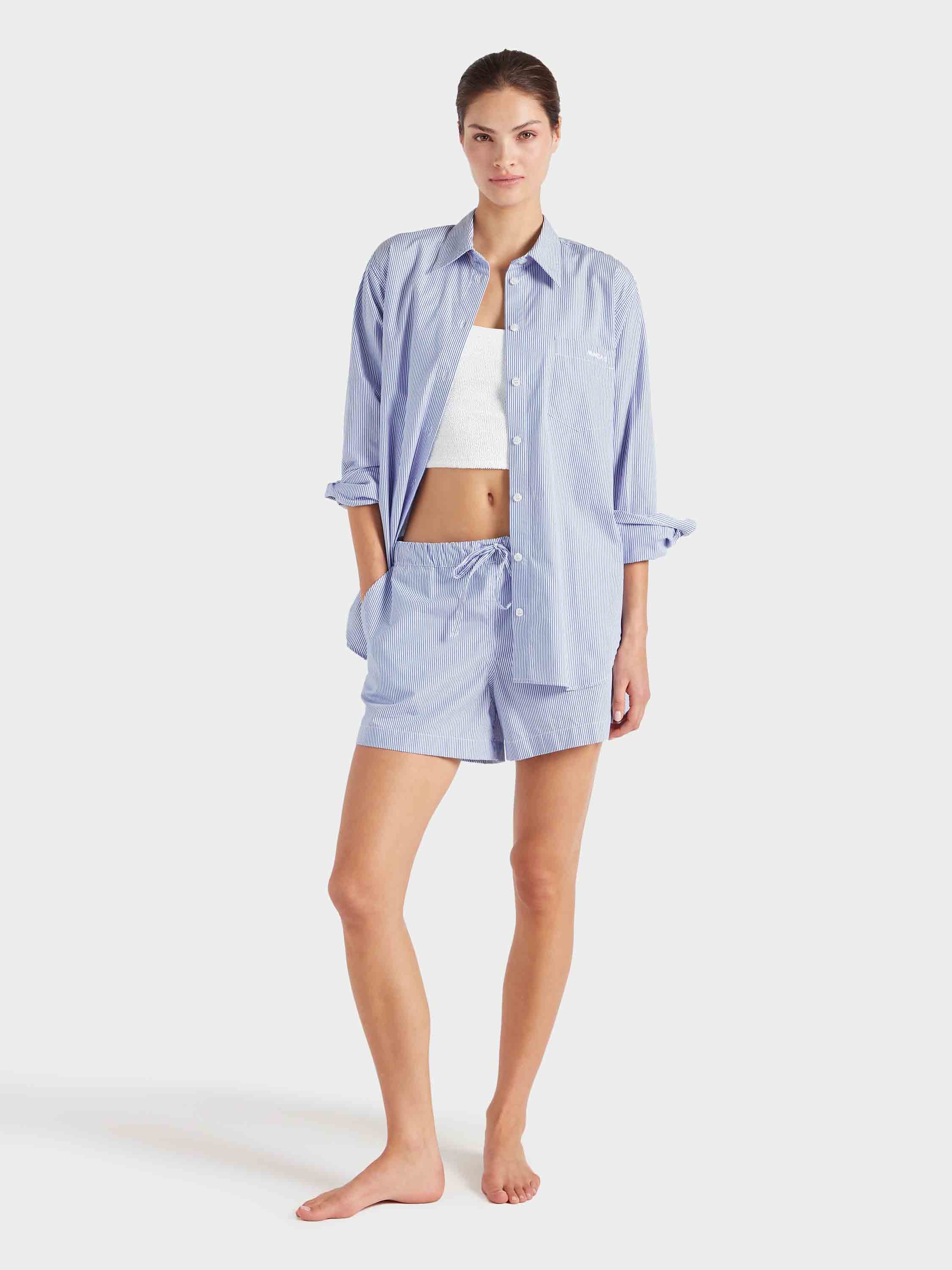 Embroidered Oversized Shirt - Blue Stripe