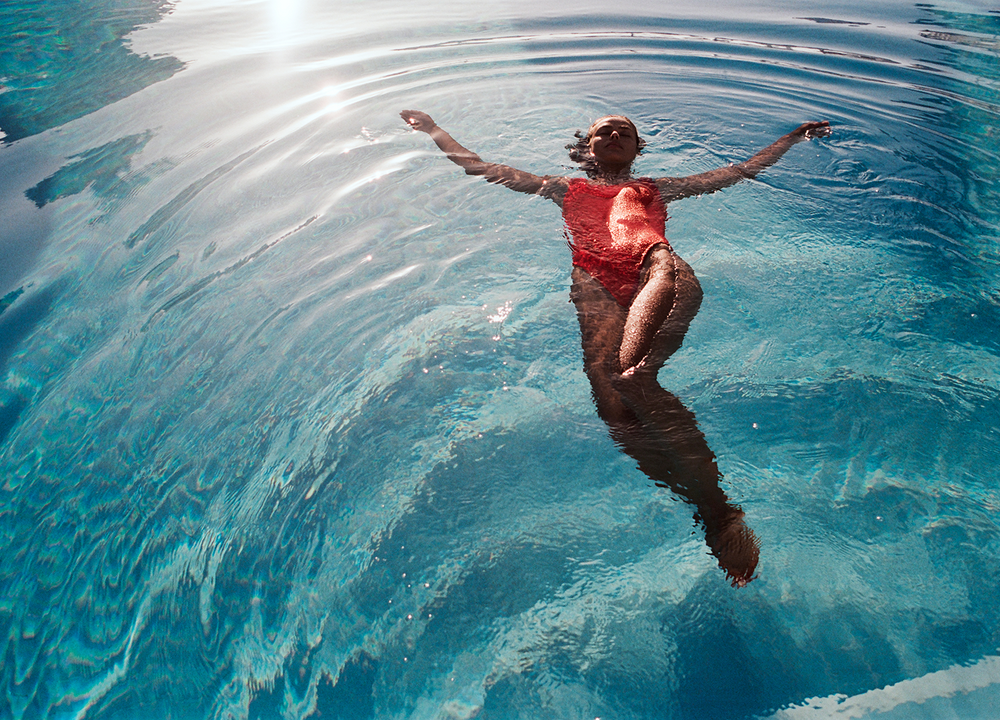 Domino Swim with Tonal Hoops Red