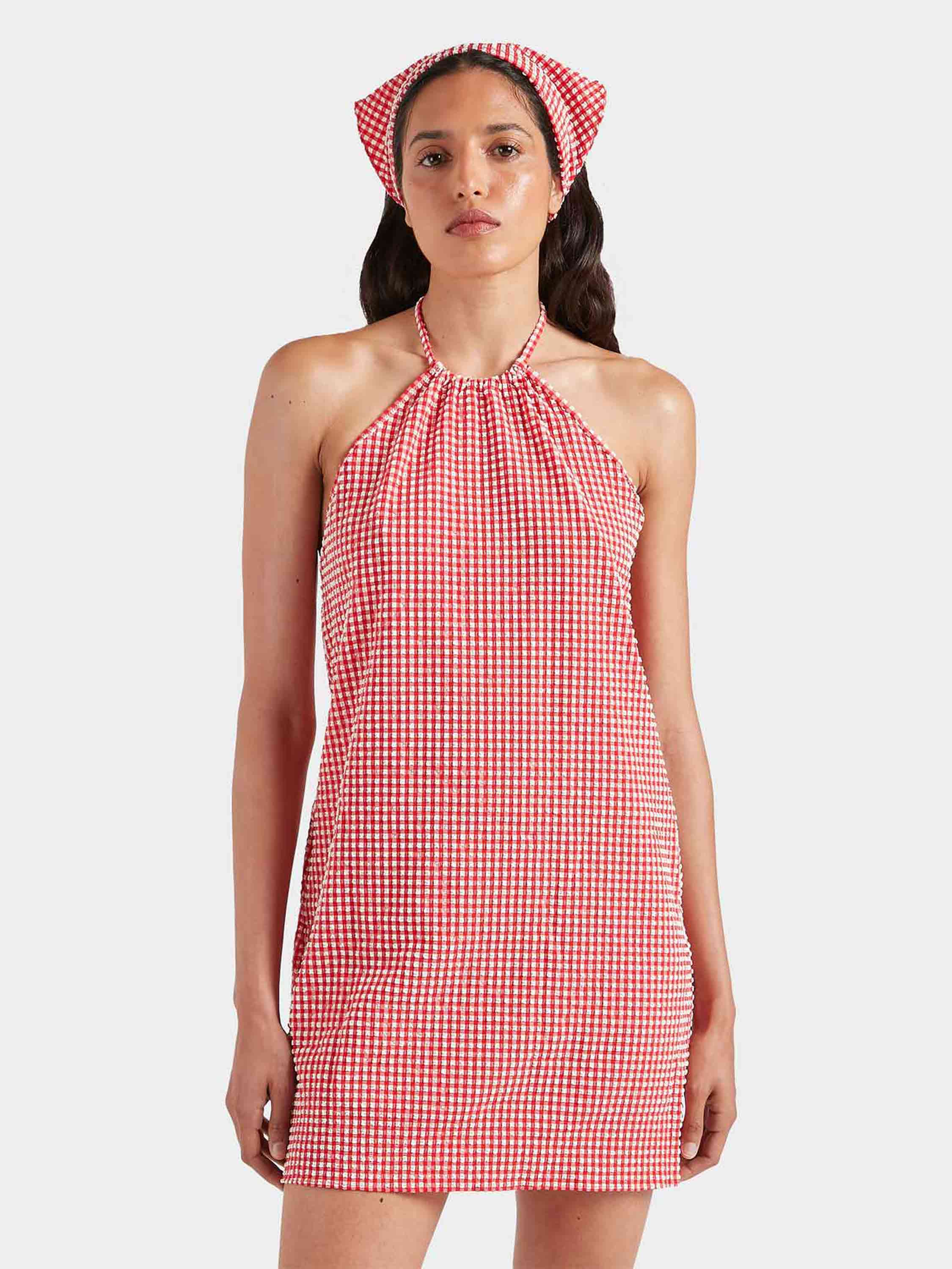 Gingham Seersucker Mini Dress - Red Gingham