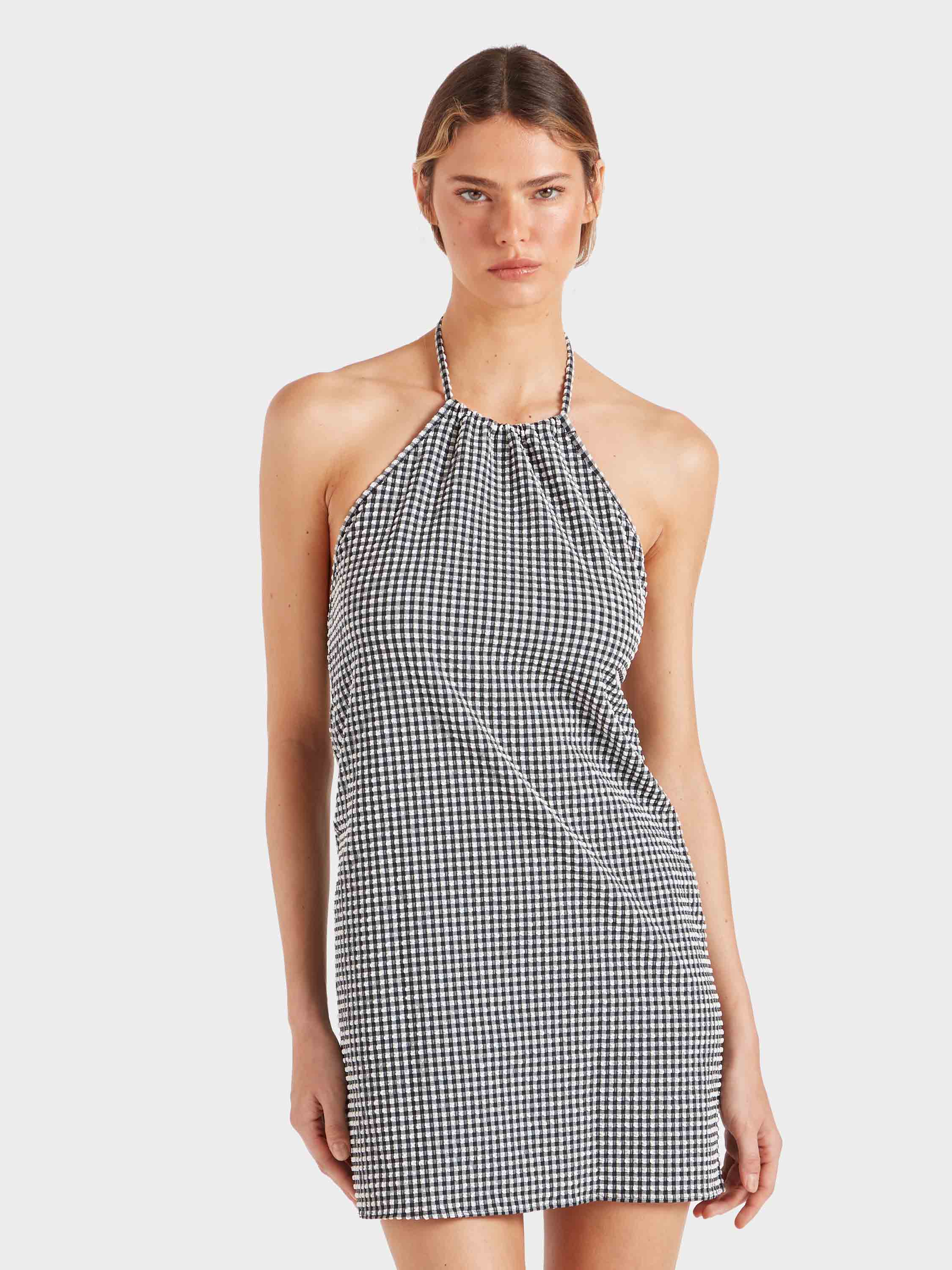 Gingham Seersucker Mini Dress - Black Gingham