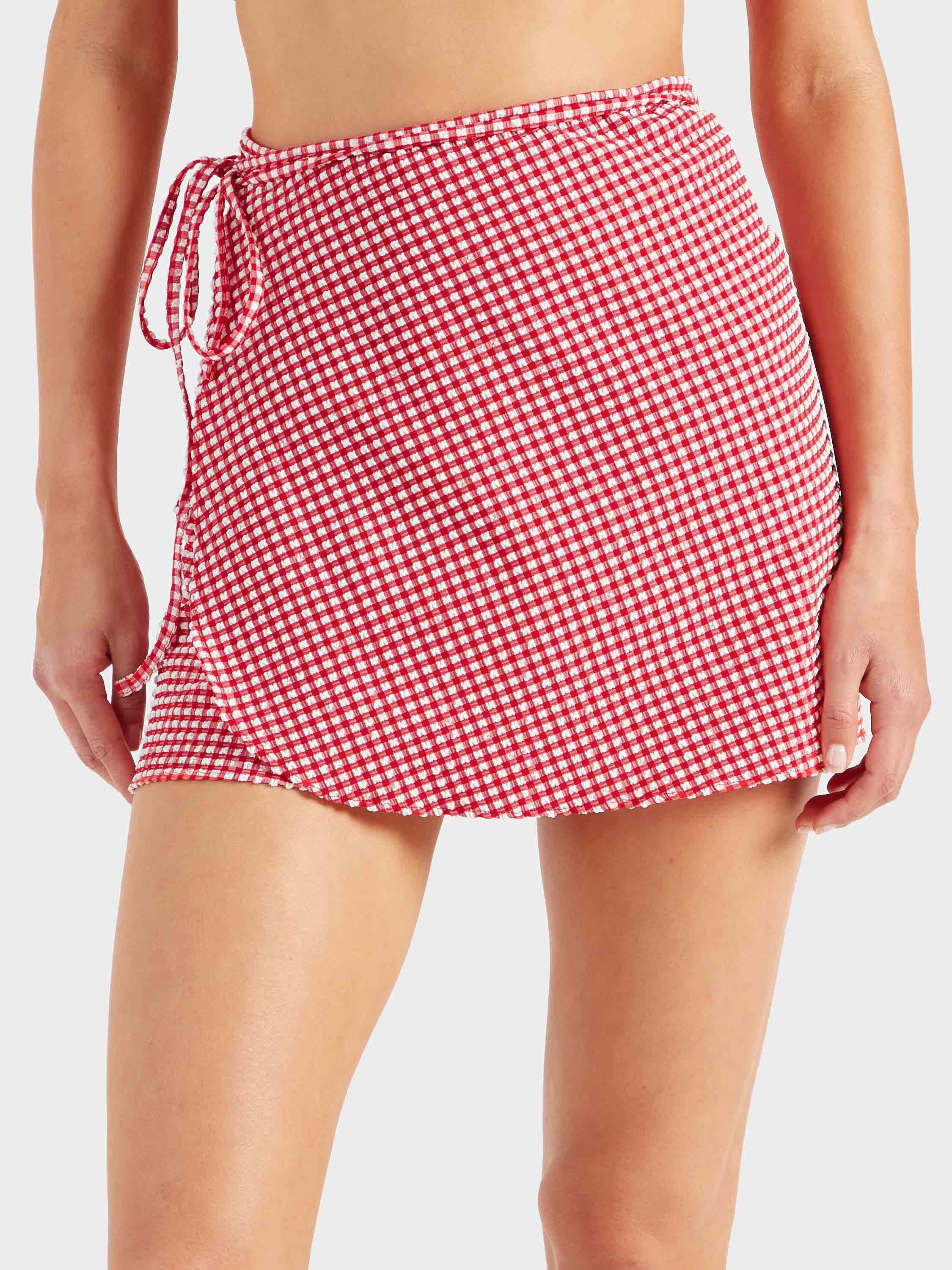 Gingham Seersucker Short Sarong - Red Gingham