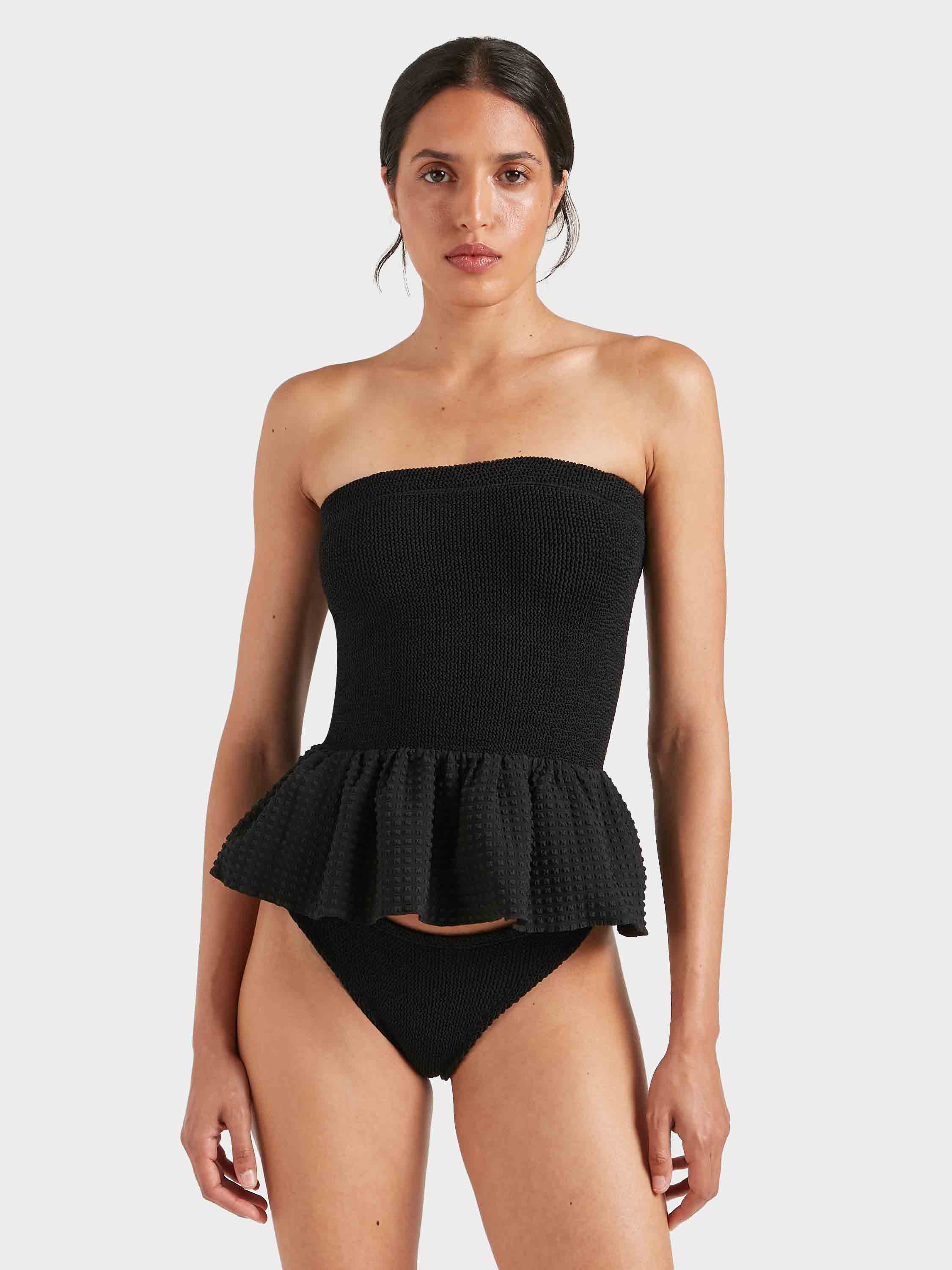 Peplum Seersucker Swimskirt/Tube Top - Black