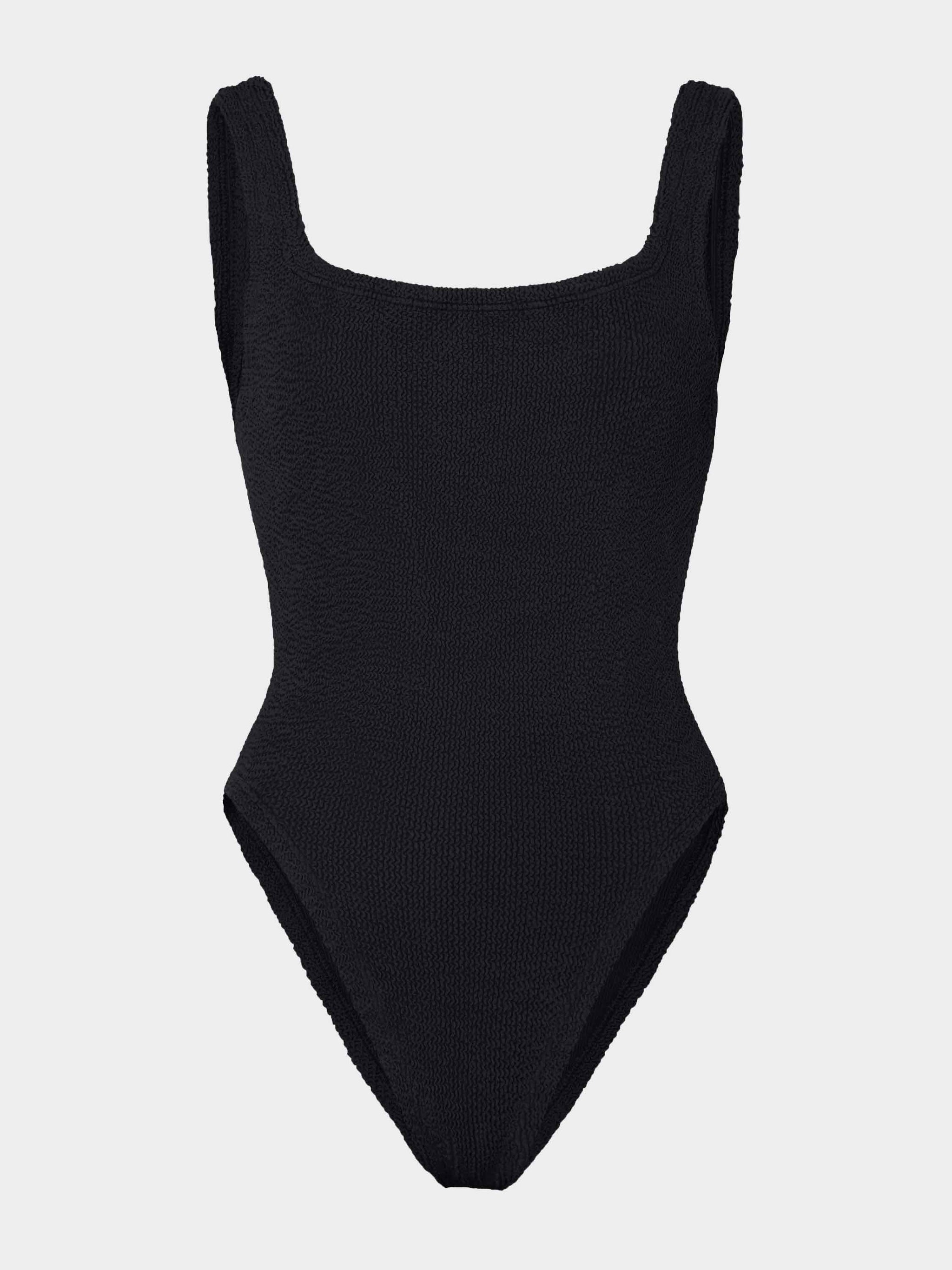 Hunza G square neck black crinkle one-piece swimsuit on model