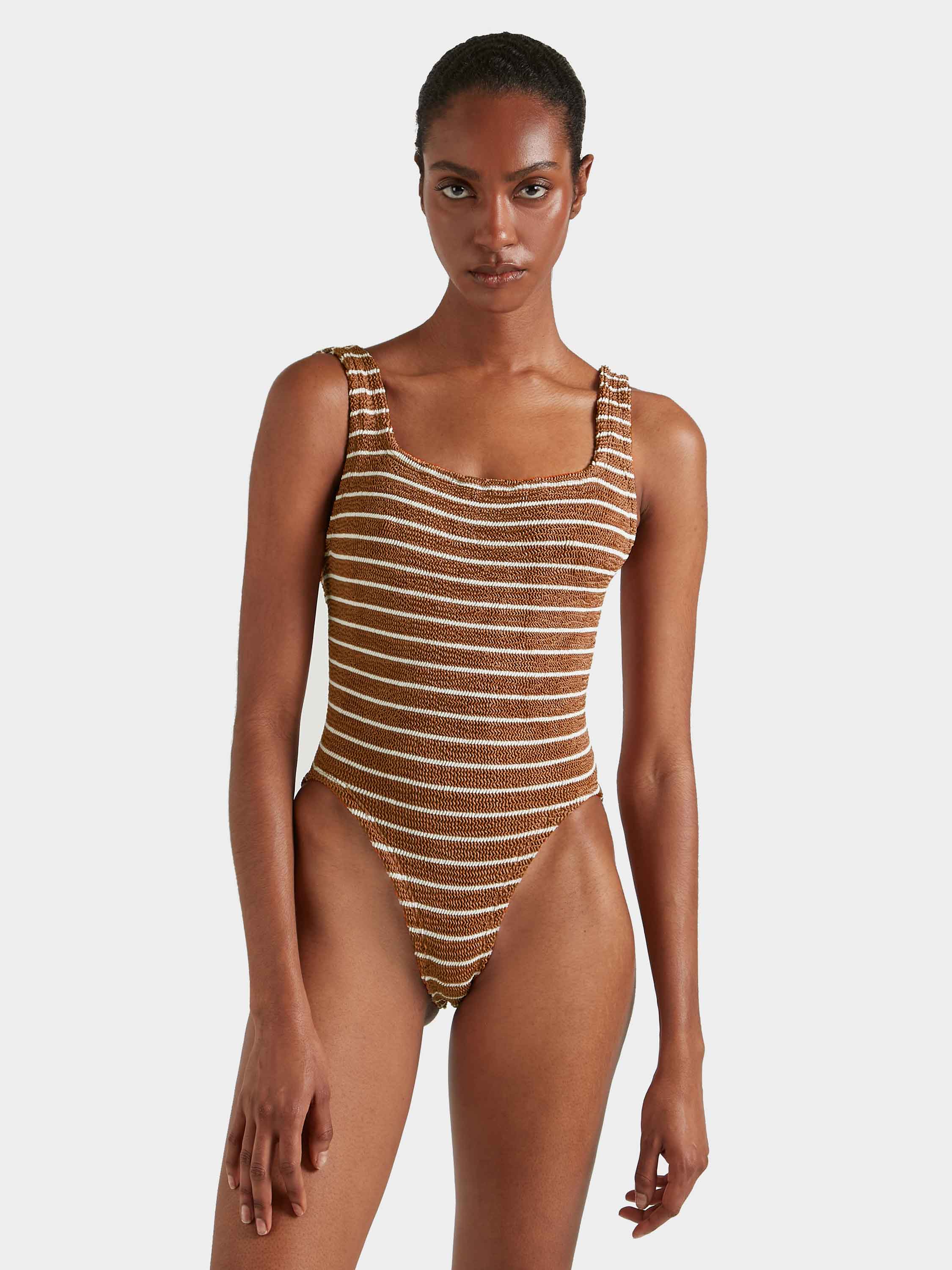 Square Neck Swim - Metallic Cocoa/White Stripe