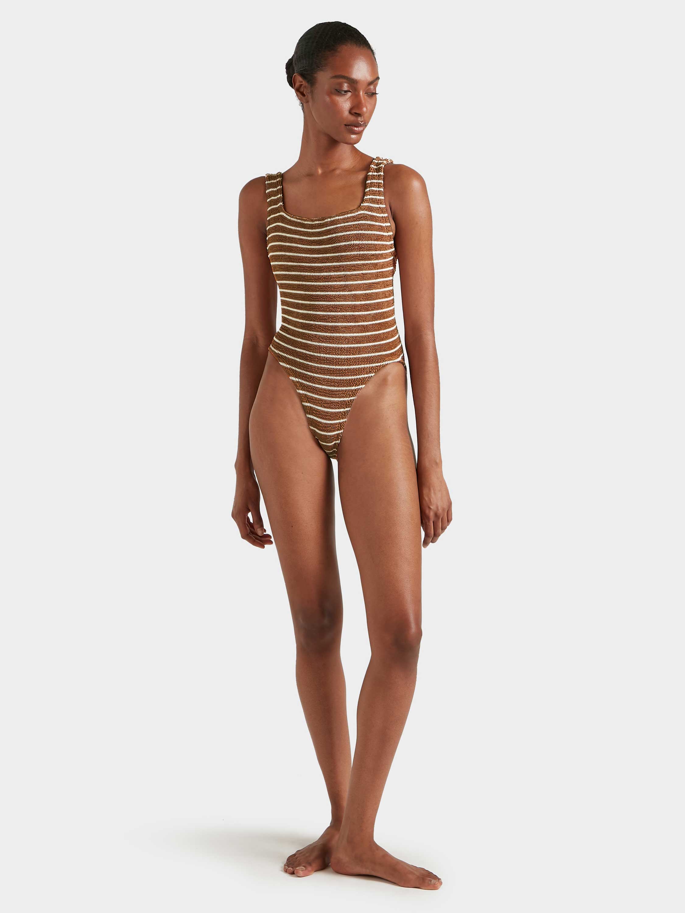 Square Neck Swim - Metallic Cocoa/White Stripe