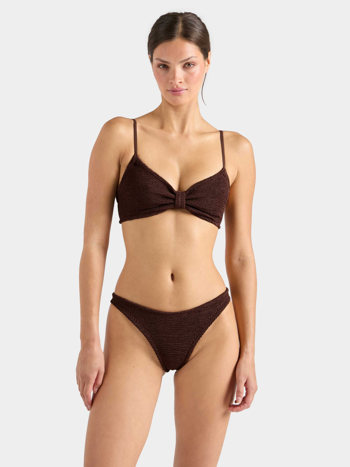 Model wearing metallic chocolate Alicia bikini 