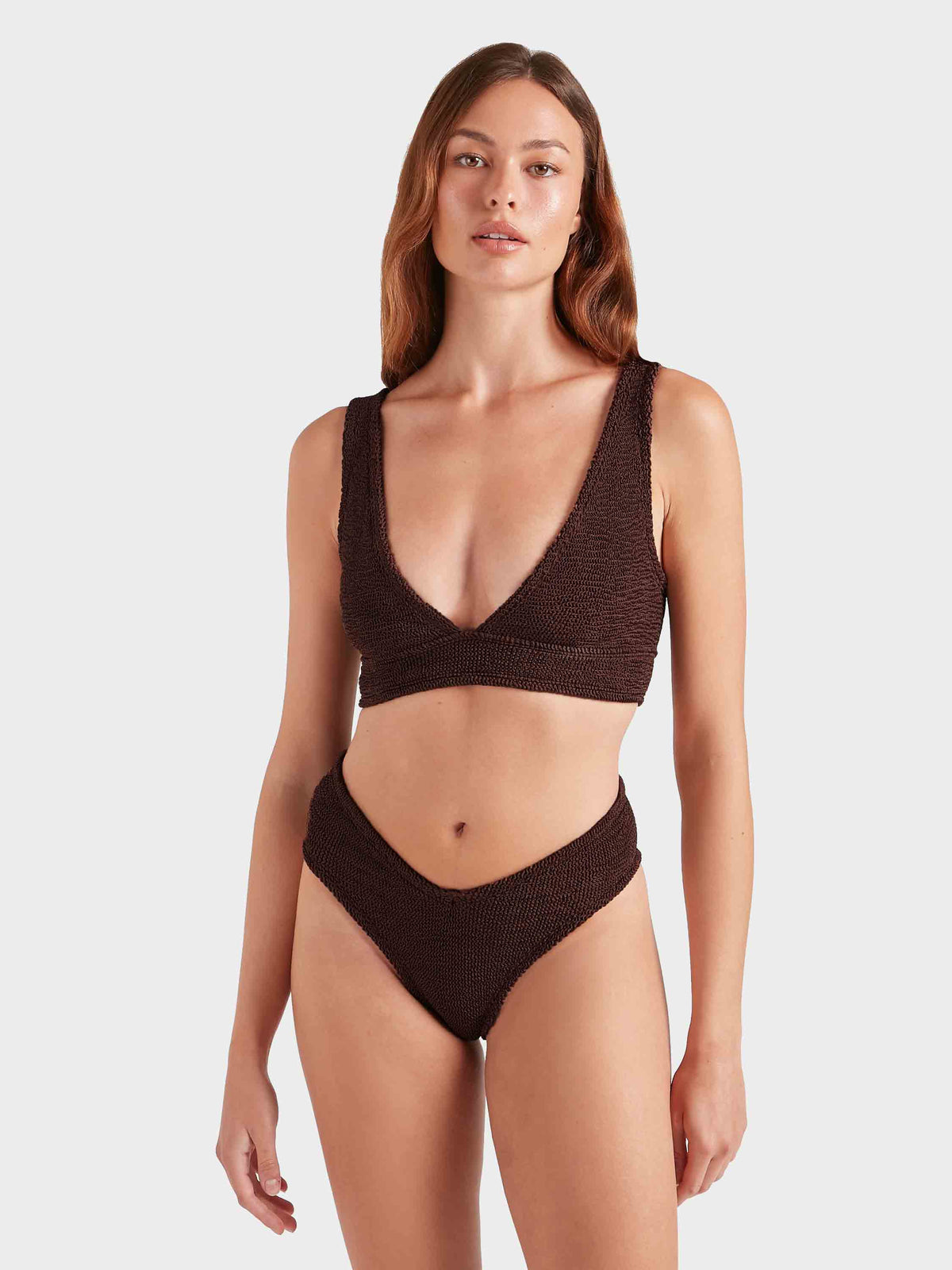 Model wearing metallic chocolate Angel bikini 