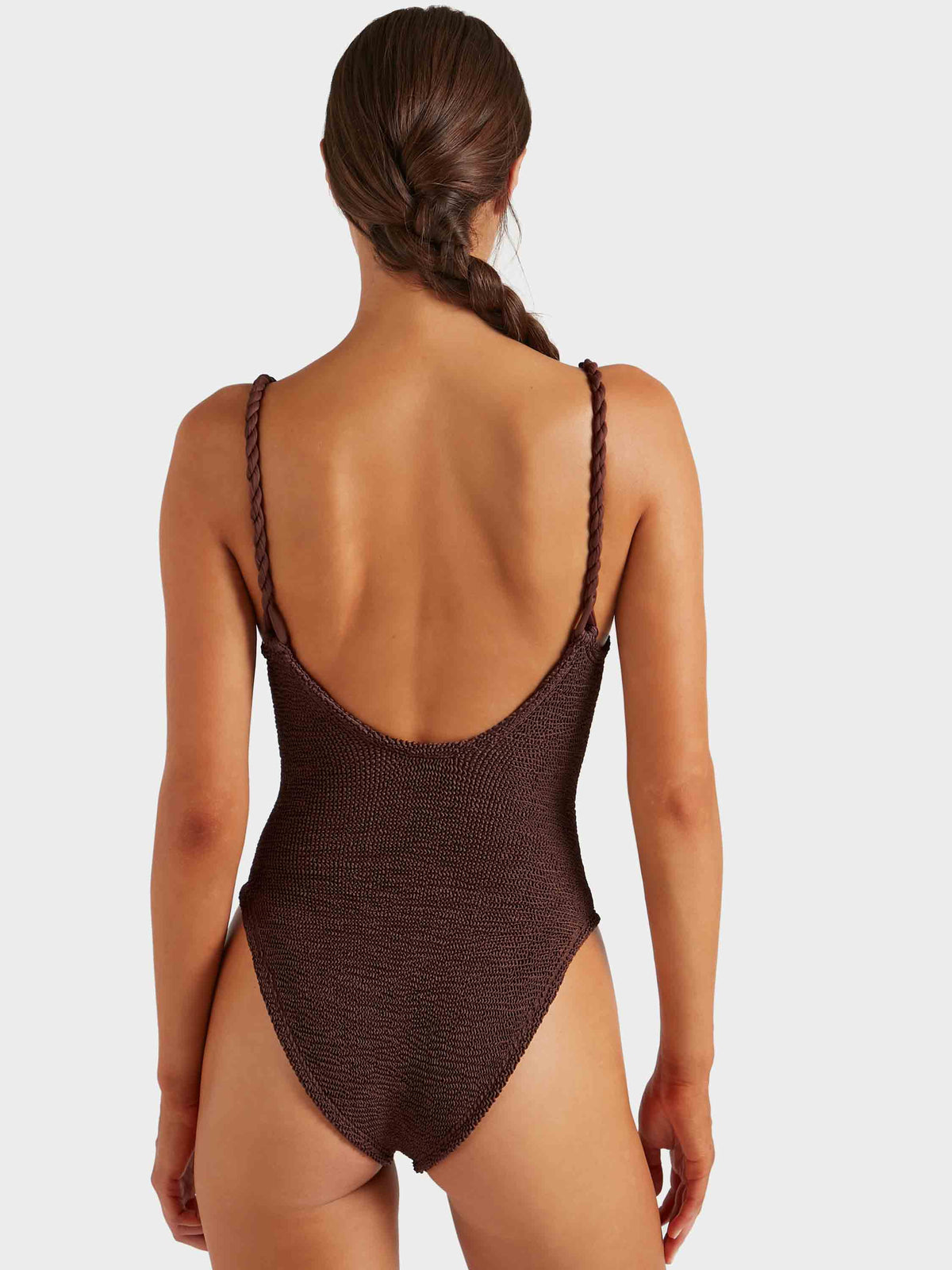 Back of model wearing metallic chocolate Camille swimsuit 